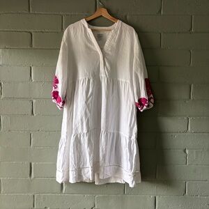 Chico’s White Linen Midi Dress Embroidered Boho Vacation Style Size 12/14